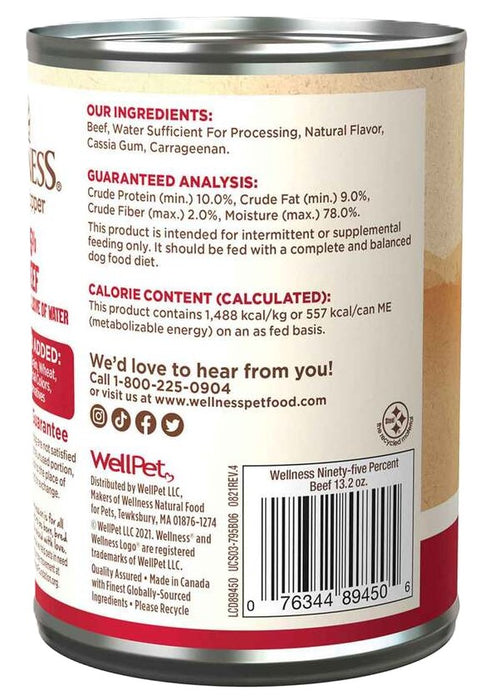 Wellness Natural Grain Free 95% Beef Recipe Adult Wet Canned Dog Food, 13.2oz
