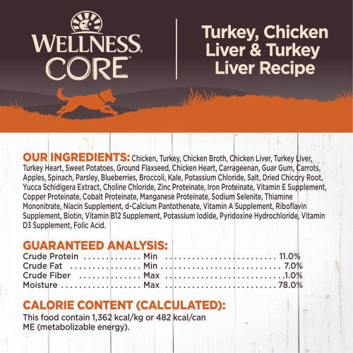 Wellness CORE Grain Free Natural Turkey, Chicken Liver, and Turkey Liver Recipe Wet Canned Dog Food, 12.5oz