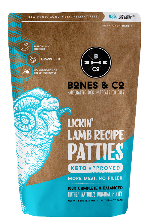 Bones & Co. Frozen Lickin' Lamb Patties for Dogs, 6lb bag of 8oz patties