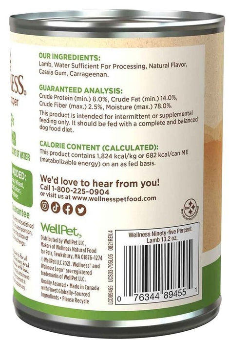 Wellness Natural Grain Free 95% Lamb Recipe Adult Wet Canned Dog Food Mixer or Topper, 13oz