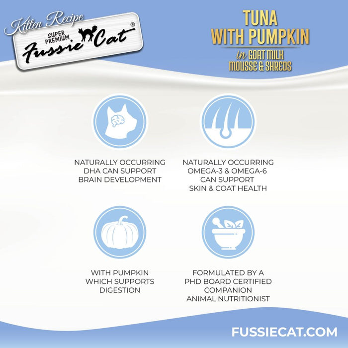 Fussie Cat Tuna with Pumpkin In Goat Milk Mousse & Shreds Kitten Recipe, 2.47oz Canned Cat Food