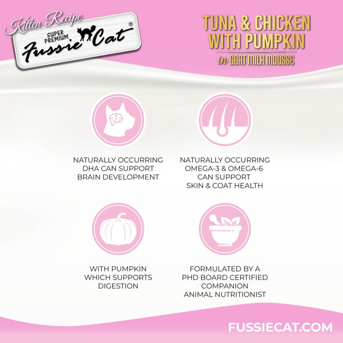 Fussie Cat Tuna & Chicken with Pumpkin In Goat Milk Mousse Kitten Recipe, 2.47oz Canned Cat Food