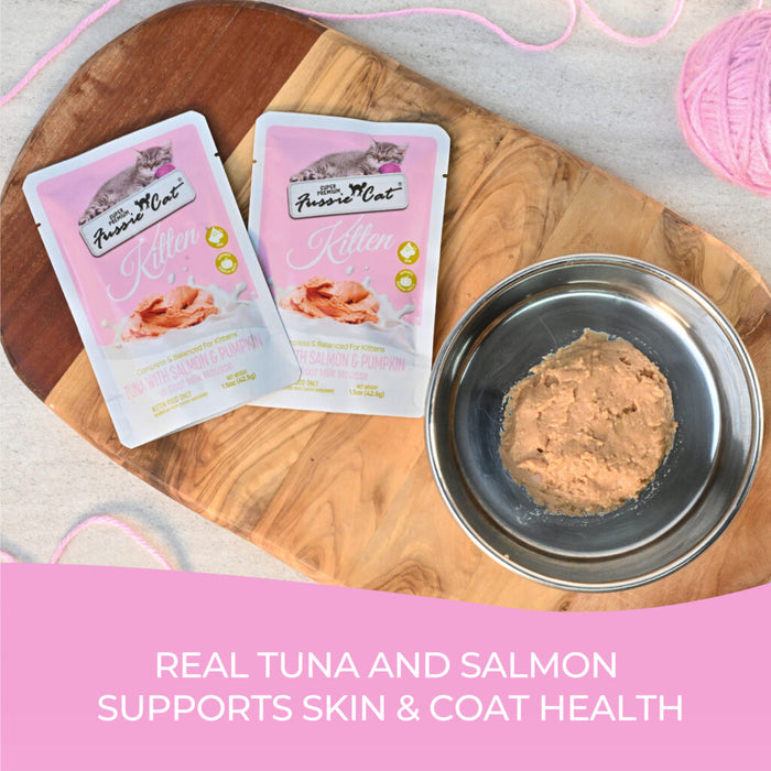 Fussie Cat Tuna with Salmon & Pumpkin in Goat Milk Mousse for Kittens, 1.5oz Cat Food Pouch