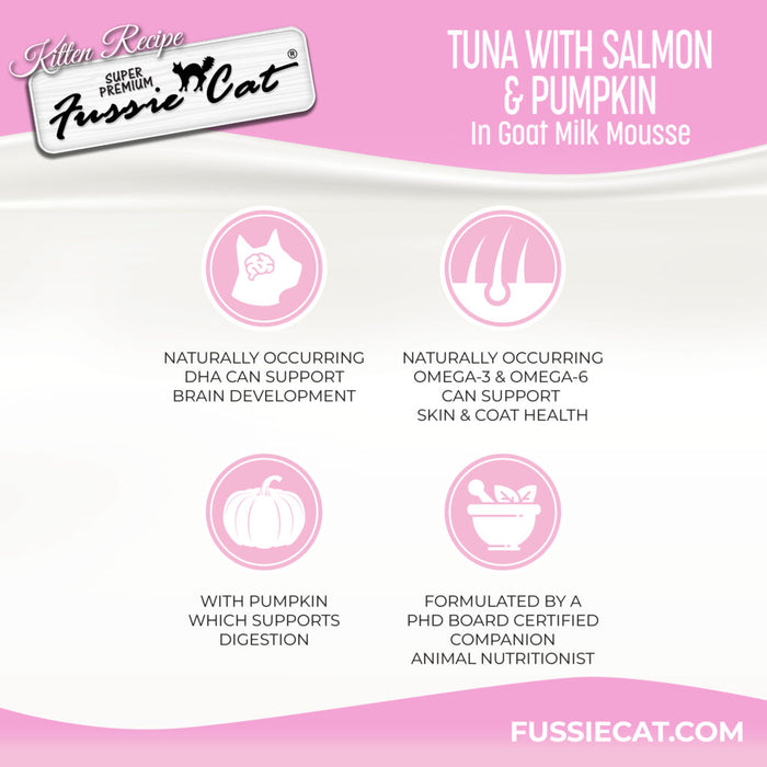 Fussie Cat Tuna with Salmon & Pumpkin in Goat Milk Mousse for Kittens, 1.5oz Cat Food Pouch