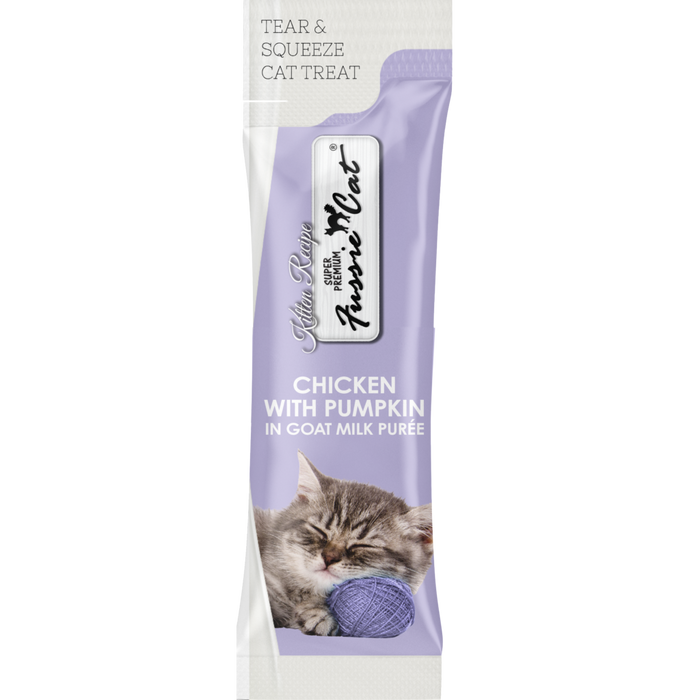 Fussie Cat Kitten Chicken with Pumpkin in Goat Milk Puree Tear & Squeeze Cat Treat, 4pk