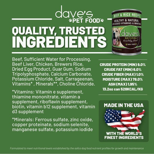 Dave's Naturally Healthy Beef And Rice Canned Dog Food, 13oz