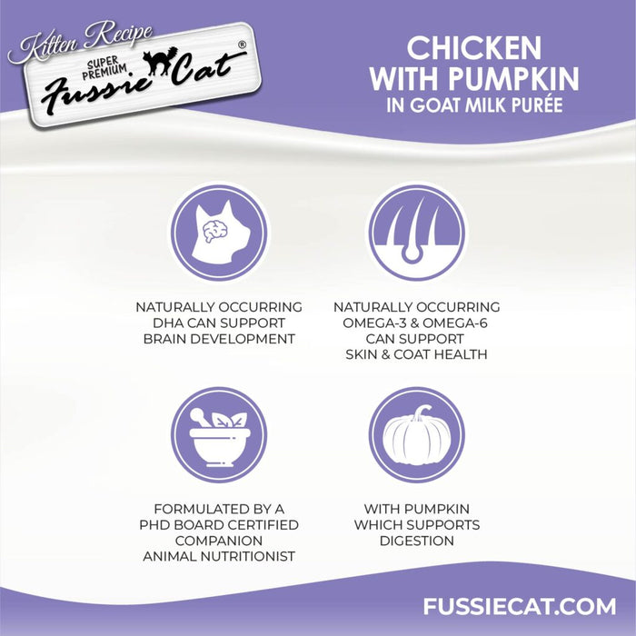 Fussie Cat Kitten Chicken with Pumpkin in Goat Milk Puree Tear & Squeeze Cat Treat, 4pk
