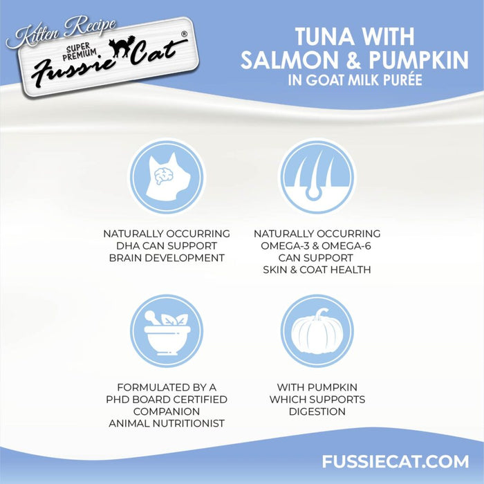 Fussie Cat Kitten Tuna with Salmon & Pumpkin in Goat Milk Puree Tear & Squeeze Cat Treat, 4pk