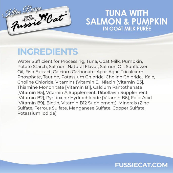 Fussie Cat Kitten Tuna with Salmon & Pumpkin in Goat Milk Puree Tear & Squeeze Cat Treat, 4pk