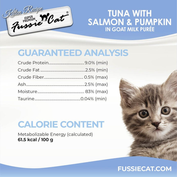 Fussie Cat Kitten Tuna with Salmon & Pumpkin in Goat Milk Puree Tear & Squeeze Cat Treat, 4pk