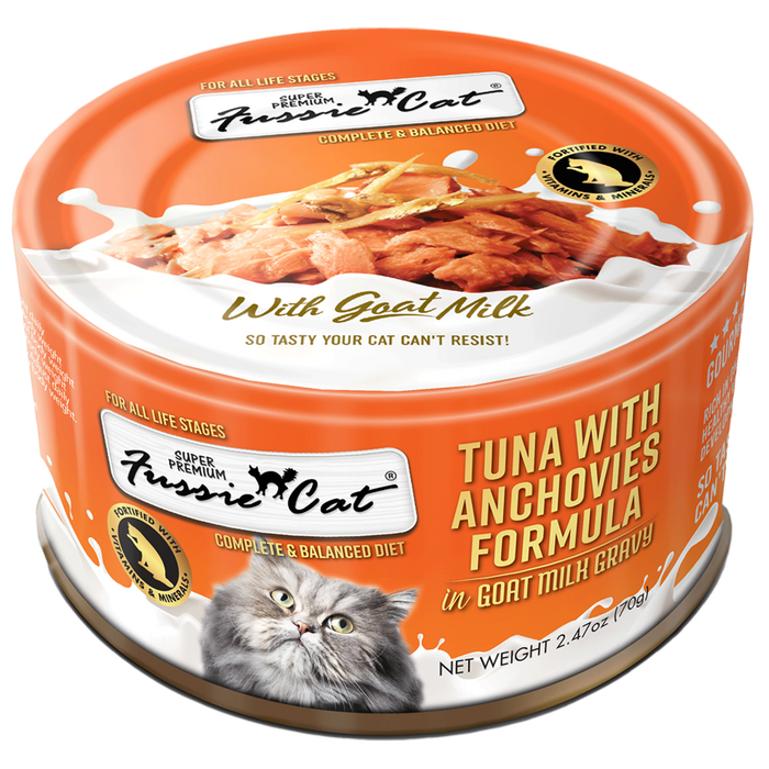 Fussie Cat Tuna with Anchovies Formula in Goat Milk Gravy Canned Cat Food, 2.47oz