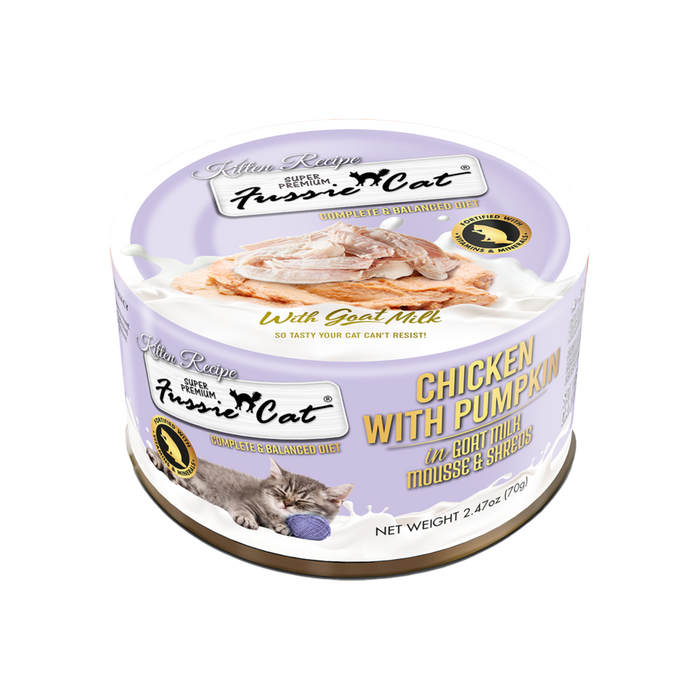 Fussie Cat Chicken with Pumpkin In Goat Milk Mousse & Shreds Kitten Recipe, 2.47oz Canned Cat Food