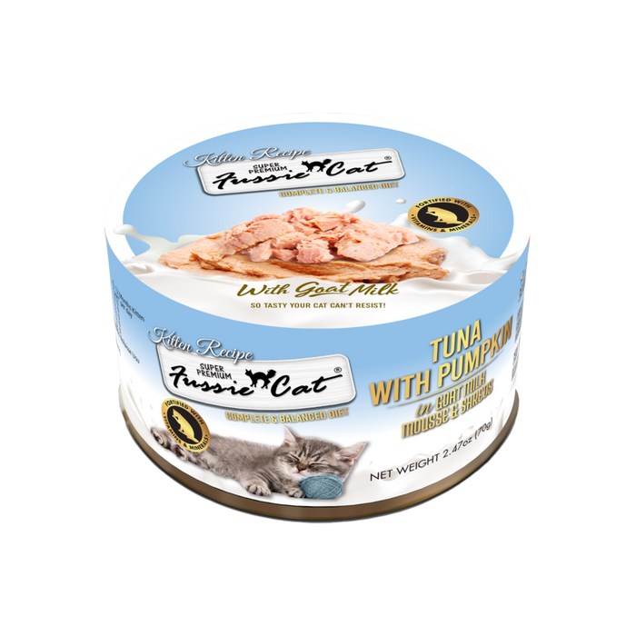 Fussie Cat Tuna with Pumpkin In Goat Milk Mousse & Shreds Kitten Recipe, 2.47oz Canned Cat Food