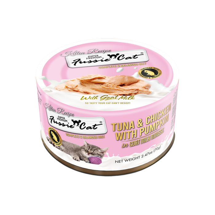 Fussie Cat Tuna & Chicken with Pumpkin In Goat Milk Mousse Kitten Recipe, 2.47oz Canned Cat Food