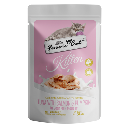 Fussie Cat Tuna with Salmon & Pumpkin in Goat Milk Mousse for Kittens, 1.5oz Cat Food Pouch