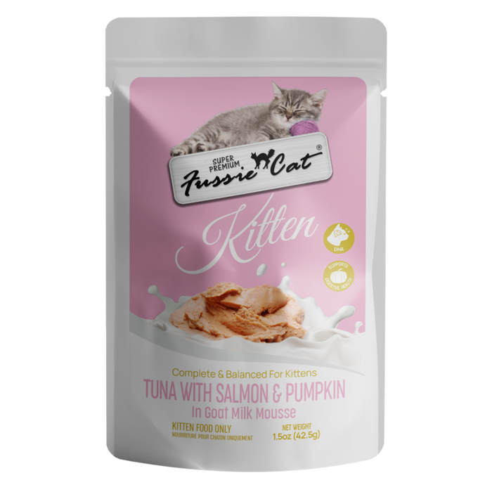 Fussie Cat Tuna with Salmon & Pumpkin in Goat Milk Mousse for Kittens, 1.5oz Cat Food Pouch