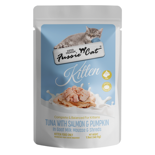 Fussie Cat Tuna with Salmon & Pumpkin in Goat Milk Mousse and Shreds for Kittens, 1.5oz Cat Food Pouch