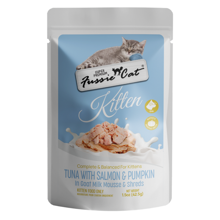 Fussie Cat Tuna with Salmon & Pumpkin in Goat Milk Mousse and Shreds for Kittens, 1.5oz Cat Food Pouch