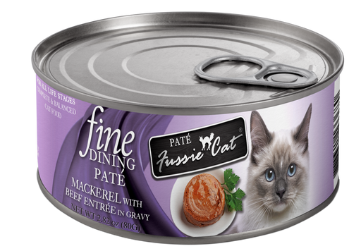 Fussie Cat Fine Dining - Pate - Mackerel with Beef Entree in gravy Canned Cat Food, 2.82oz