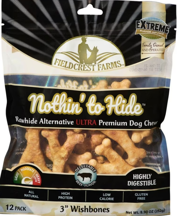 Fieldcrest Farms Nothin' To Hide 3" Ultra Wishbone Dog Chews, Beef, 12pk