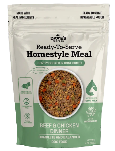 Dave's Beef & Chicken with Brown Rice, Goat Milk Pouch Recipe for Dogs, 9oz