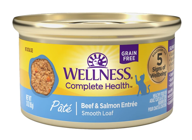 Wellness Complete Health Grain Free Natural Pate Beef and Salmon Recipe Canned Cat Food, 3oz