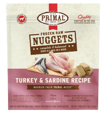 Primal Frozen Raw Nuggets for Dogs, Turkey, 3lbs