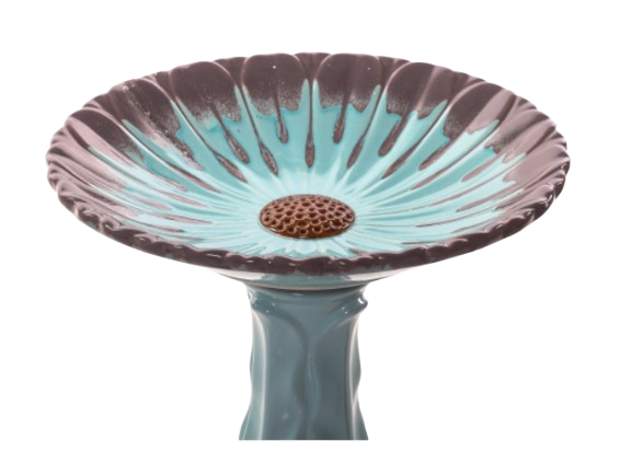 22"H Aster Birdbath Blue With Grey Rim, Blue Base