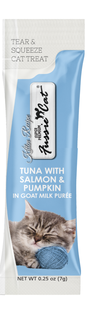 Fussie Cat Kitten Tuna with Salmon & Pumpkin in Goat Milk Puree Tear & Squeeze Cat Treat, 4pk