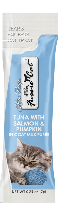 Fussie Cat Kitten Tuna with Salmon & Pumpkin in Goat Milk Puree Tear & Squeeze Cat Treat, 4pk