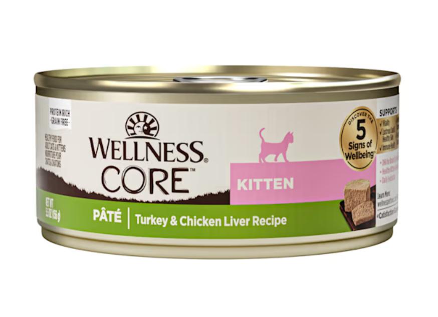 Wellness CORE Grain Free Natural Kitten Health Turkey and Chicken Smooth Pate Canned Cat Food, 5.5oz