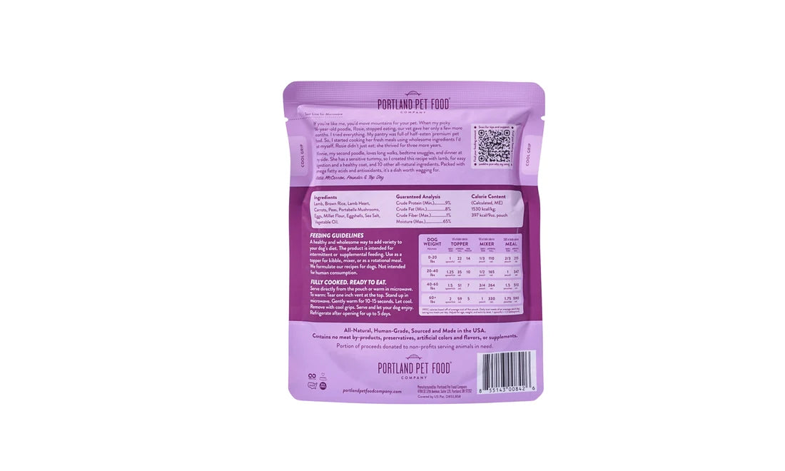 Portland Pet Food Winnie's Lamb N' Rice 9oz Human-Grade Dog Meal Pouch