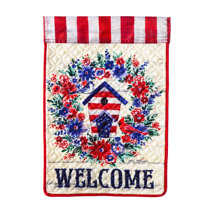 Birdhouse Wreath Garden Quilted Flag, 12.5" X 18"