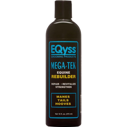 A bottle of EQyss Mega-Tek Equine Rebuilder, which is a grooming product for horses.