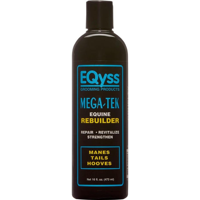 A bottle of EQyss Mega-Tek Equine Rebuilder, which is a grooming product for horses.